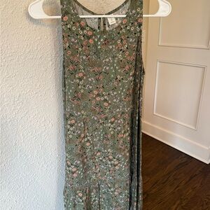 Old Navy Olive Green Floral Tiered Sleeveless Swing Dress with Pink Accents